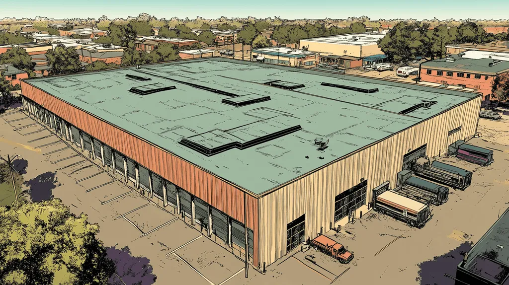 A commercial roof on a warehouse in a location similar to New Orleans with a comic book style aesthetic (AI image)