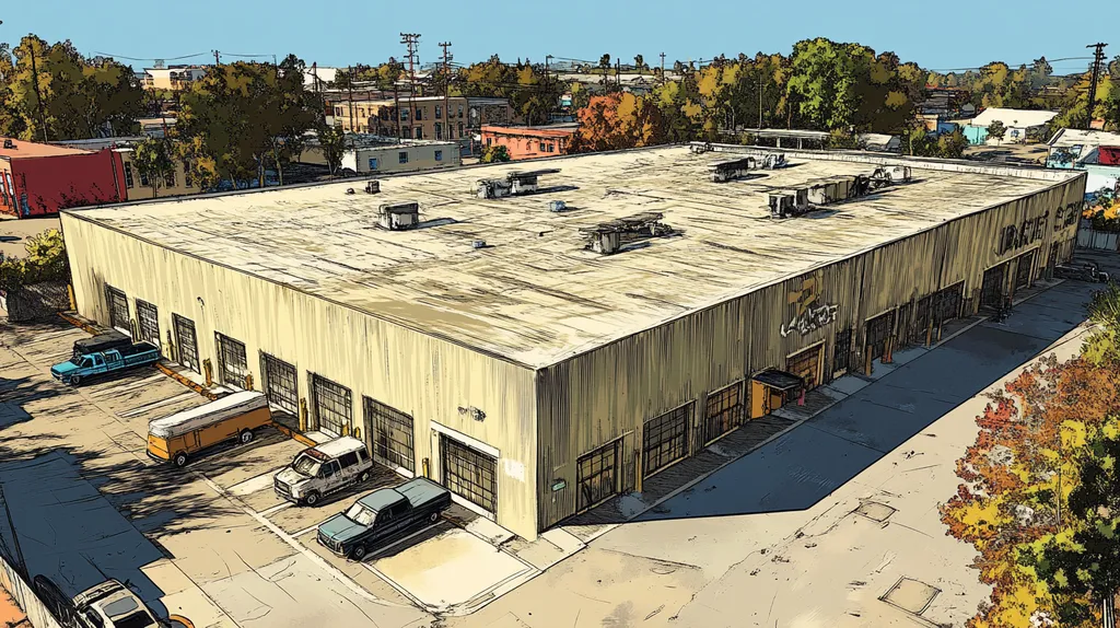 A commercial roof on a warehouse in a location similar to New Orleans with a comic book style aesthetic (AI image)