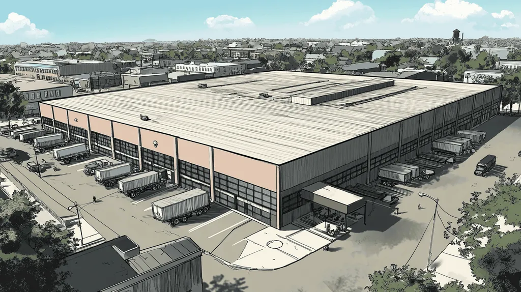 A commercial roof on a warehouse in a location similar to New Orleans with a comic book style aesthetic (AI image)