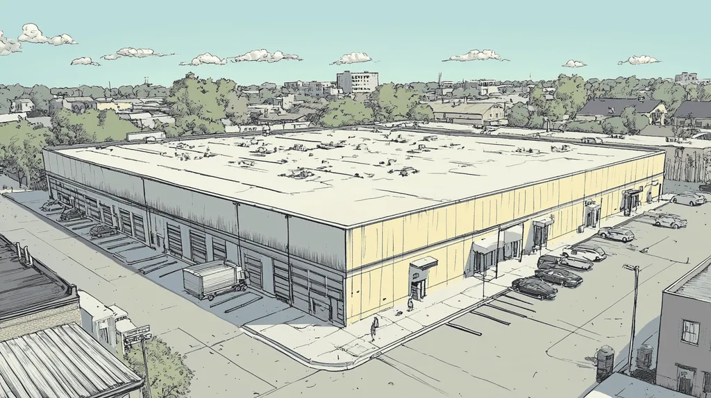 A commercial roof on a warehouse in a location similar to New Orleans with a comic book style aesthetic (AI image)