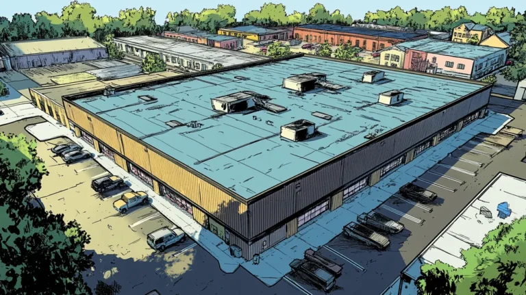 A commercial roof on a warehouse in a location similar to New Orleans with a comic book style aesthetic (AI image)
