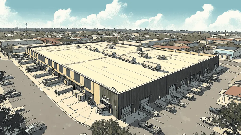 A commercial roof on a warehouse in a location similar to New Orleans with a comic book style aesthetic (AI image)