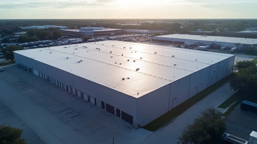 A commercial roof on a warehouse in a location similar to New Orleans with a light beams aesthetic (AI image)