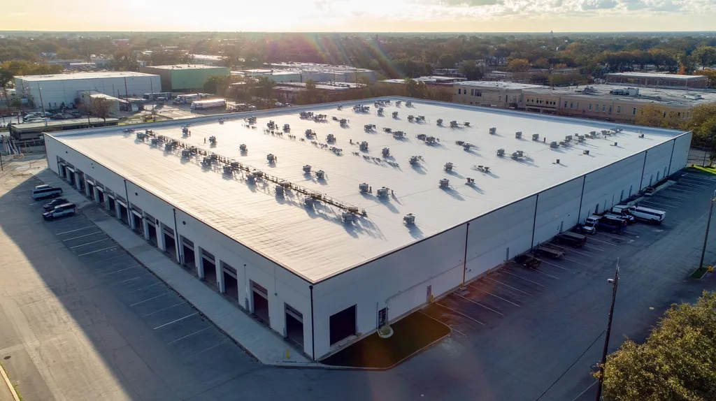 A commercial roof on a warehouse in a location similar to New Orleans with a light beams aesthetic (AI image)