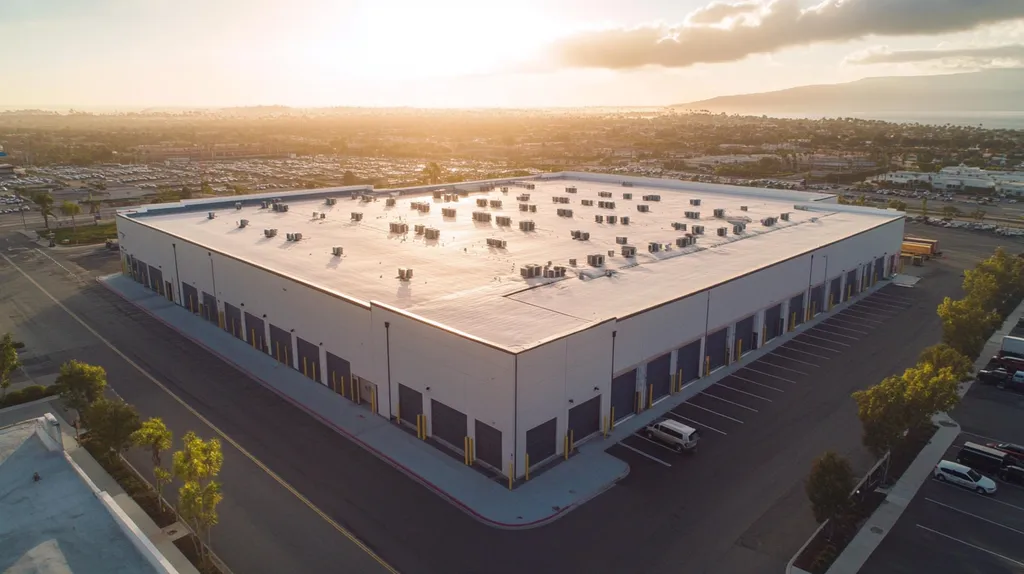 A commercial roof on a warehouse in a location similar to Newport Beach with a light beams aesthetic (AI image)