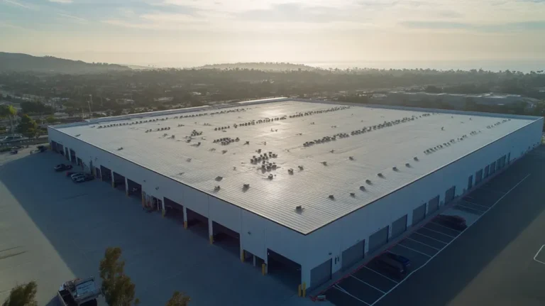 A commercial roof on a warehouse in a location similar to Newport Beach with a light beams aesthetic (AI image)