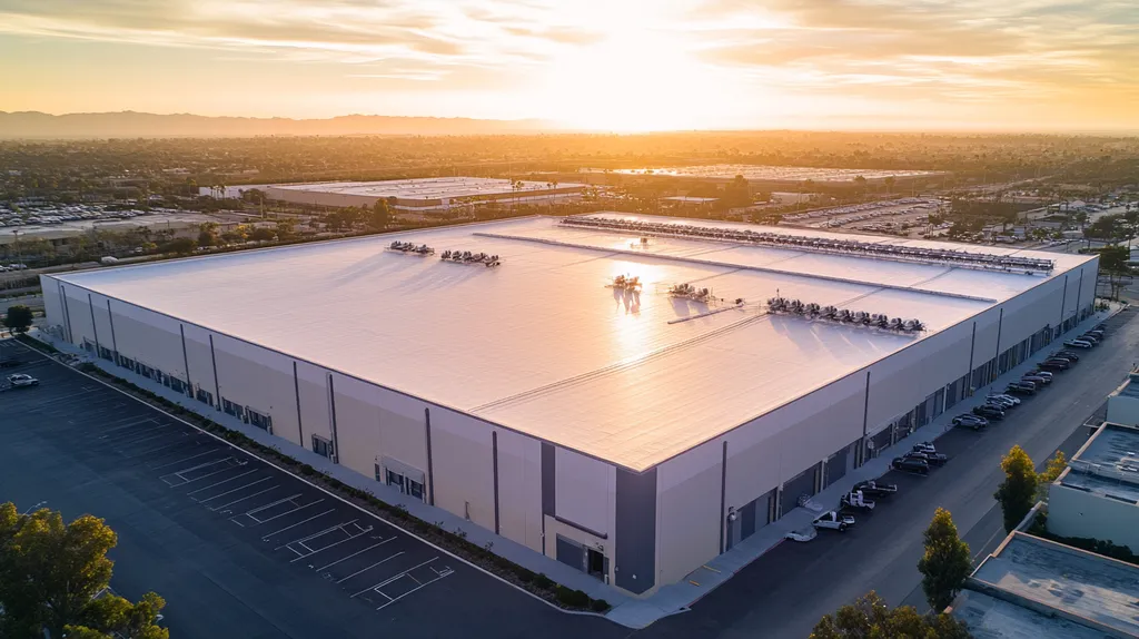 A commercial roof on a warehouse in a location similar to Newport Beach with a light beams aesthetic (AI image)