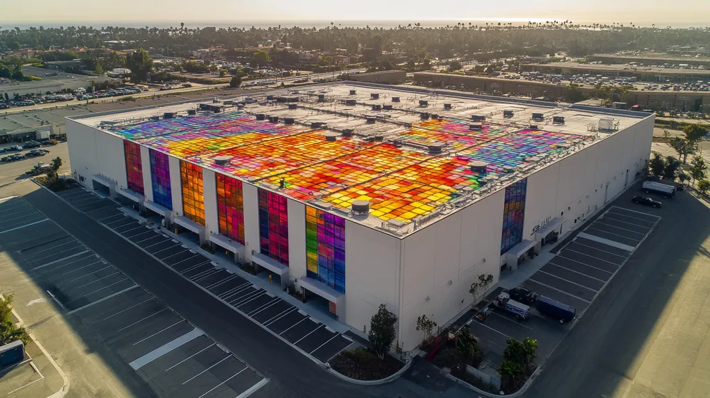 A commercial roof on a warehouse in a location similar to Newport Beach with a stained glass style aesthetic (AI image)