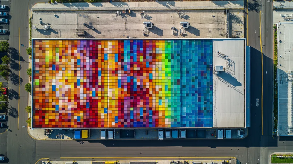 A commercial roof on a warehouse in a location similar to Newport Beach with a stained glass style aesthetic (AI image)