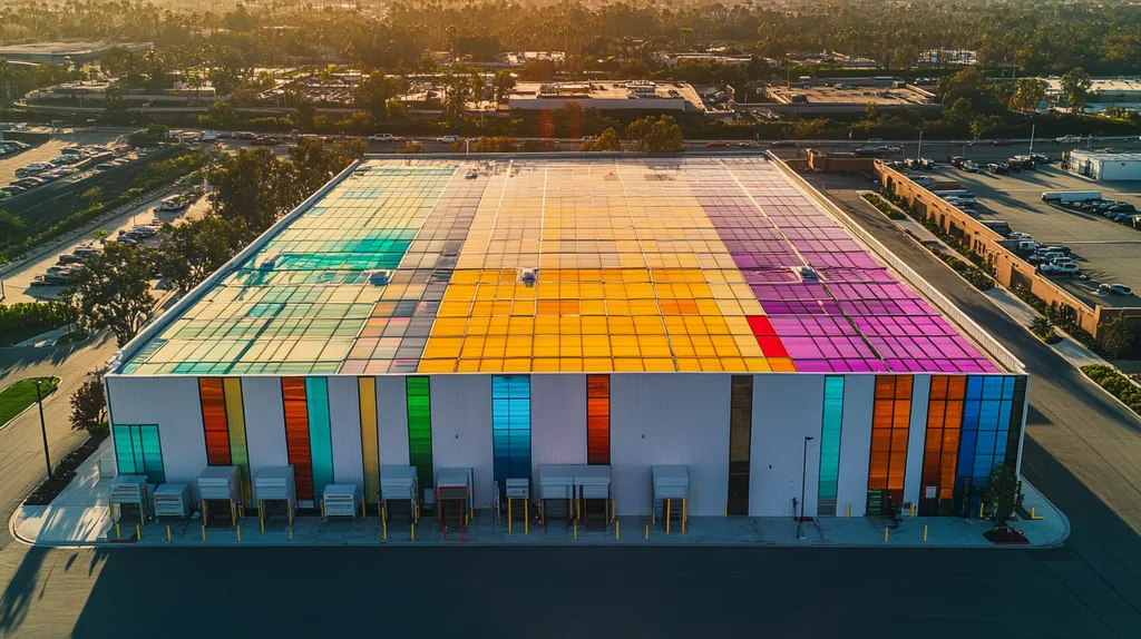A commercial roof on a warehouse in a location similar to Newport Beach with a stained glass style aesthetic (AI image)