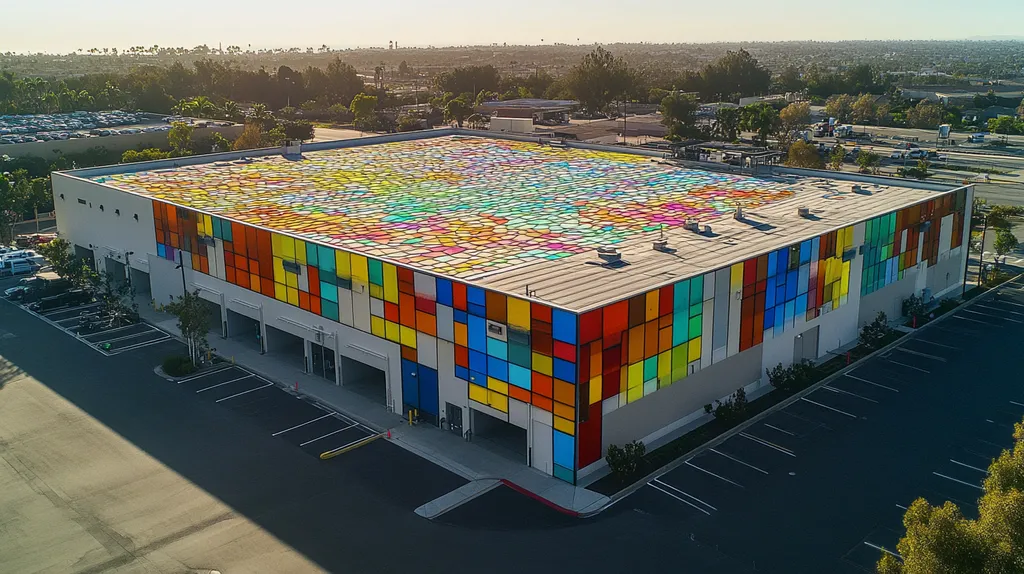 A commercial roof on a warehouse in a location similar to Newport Beach with a stained glass style aesthetic (AI image)