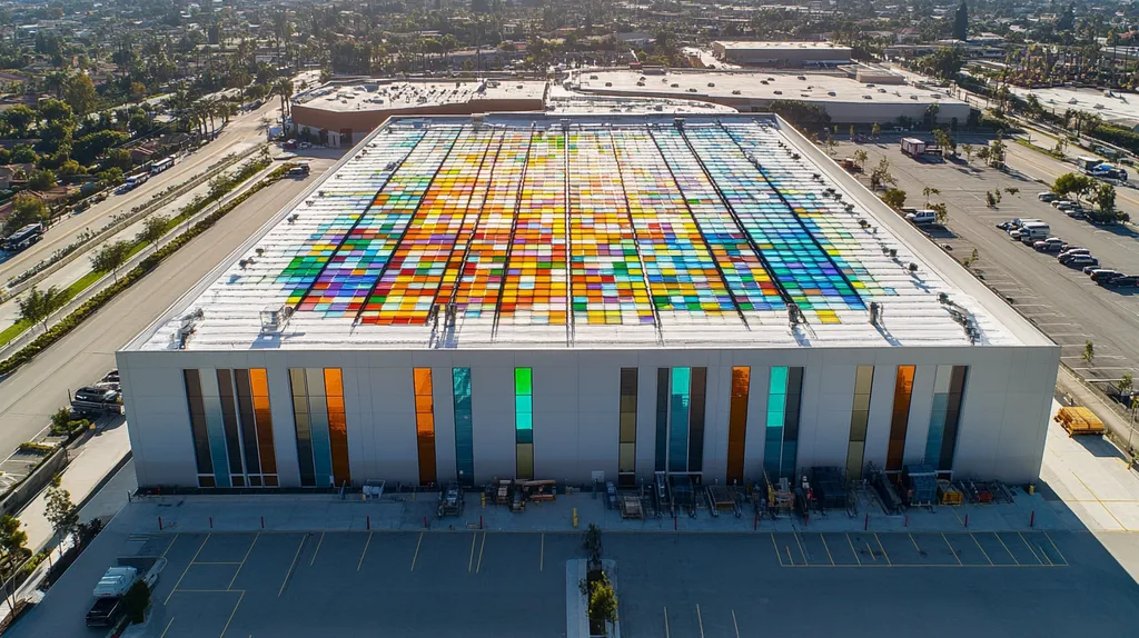 A commercial roof on a warehouse in a location similar to Newport Beach with a stained glass style aesthetic (AI image)