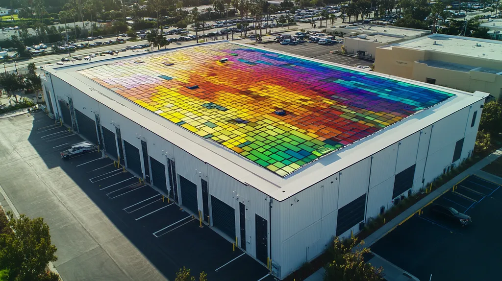 A commercial roof on a warehouse in a location similar to Newport Beach with a stained glass style aesthetic (AI image)