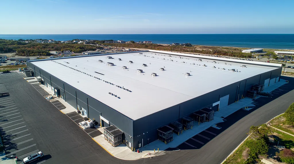 A commercial roof on a warehouse in a location similar to Newport, Rhode Island with an architectural photography aesthetic (AI image)
