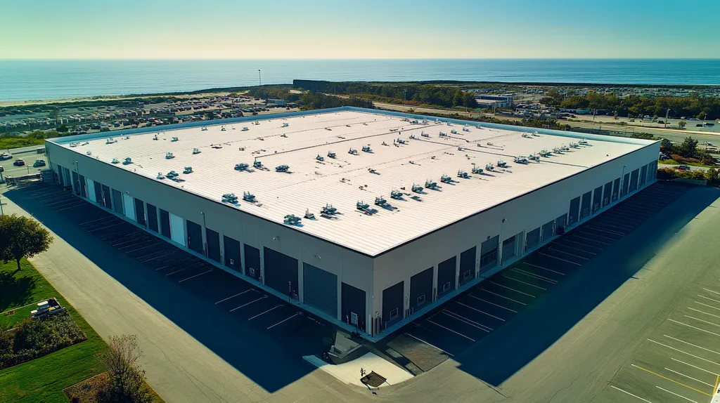 A commercial roof on a warehouse in a location similar to Newport, Rhode Island with an architectural photography aesthetic (AI image)