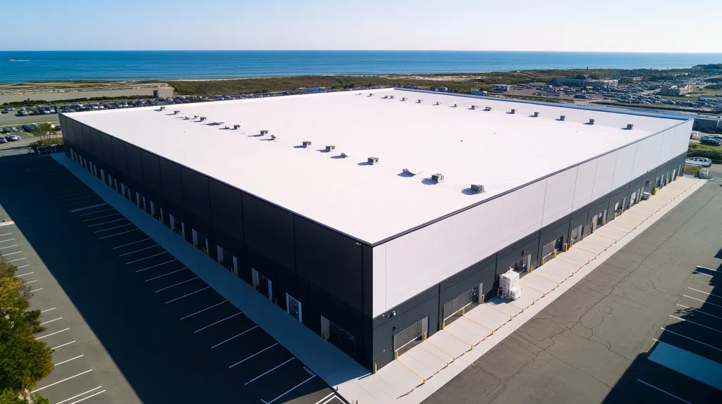 A commercial roof on a warehouse in a location similar to Newport, Rhode Island with an architectural photography aesthetic (AI image)