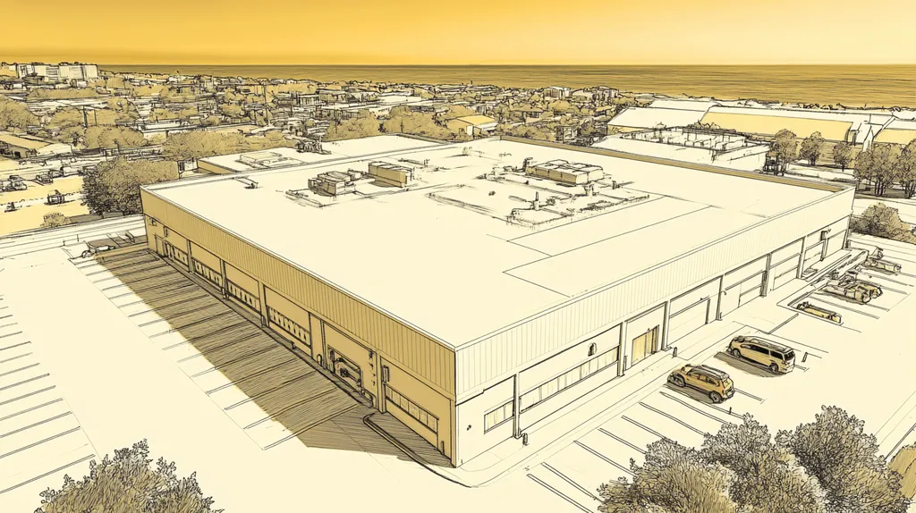 A commercial roof on a warehouse in a location similar to Newport, Rhode Island with an architectural sketch rendering aesthetic (AI image)