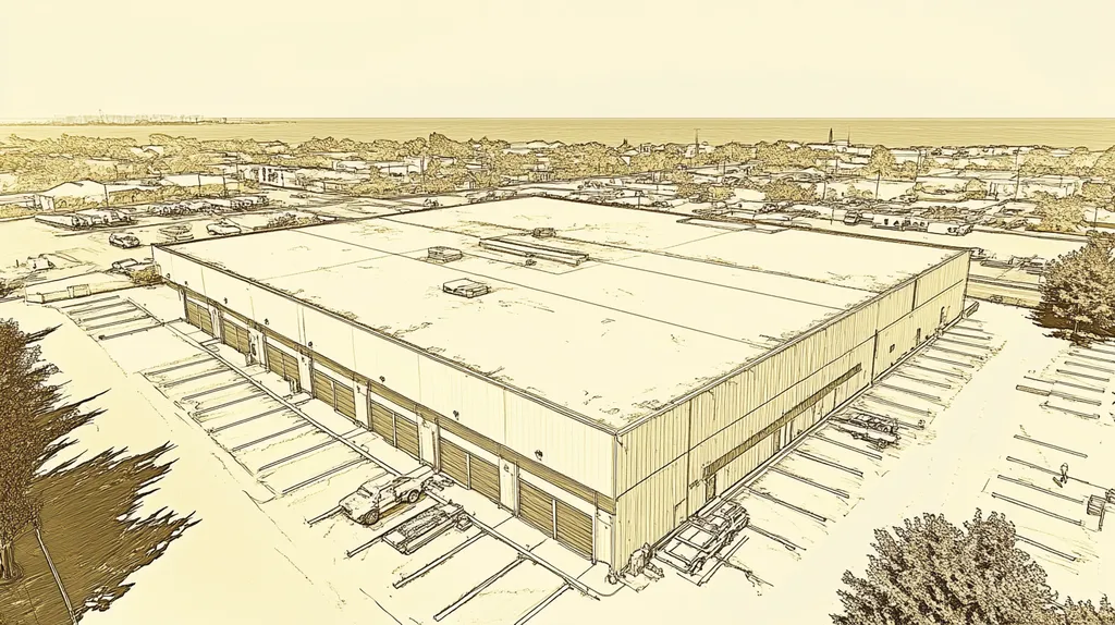 A commercial roof on a warehouse in a location similar to Newport, Rhode Island with an architectural sketch rendering aesthetic (AI image)