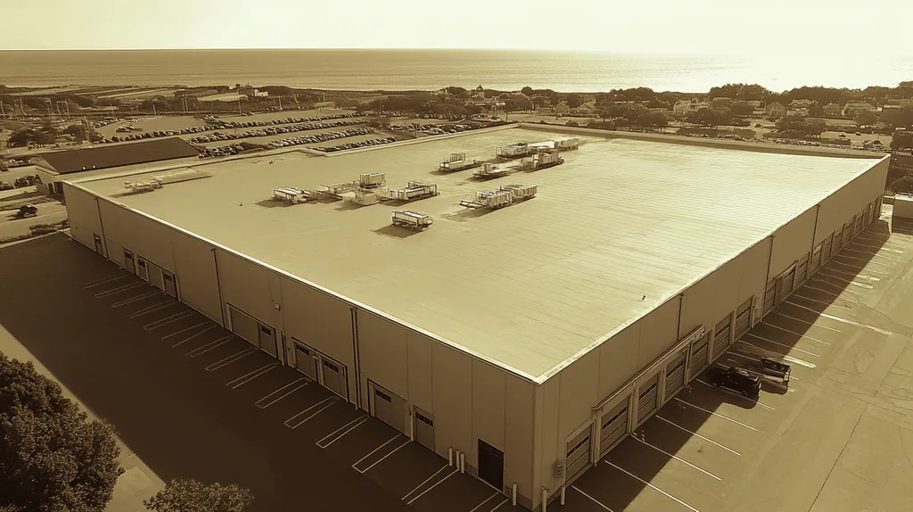 A commercial roof on a warehouse in a location similar to Newport, Rhode Island with an architectural sketch rendering aesthetic (AI image)