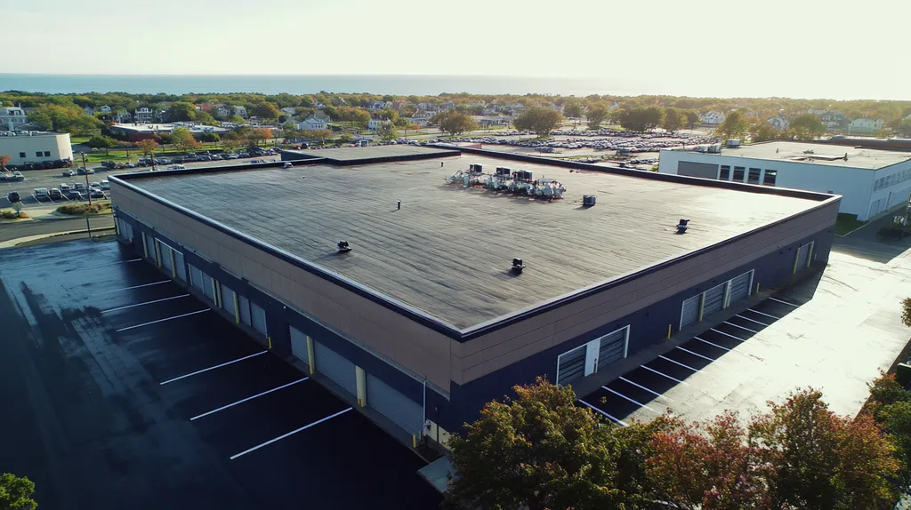 A commercial roof on a warehouse in a location similar to Newport, Rhode Island with a rainy day aesthetic (AI image)