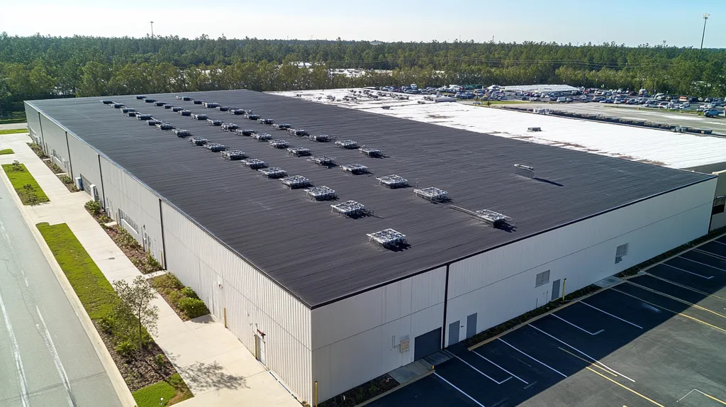 A commercial roof on a warehouse in a location similar to Orlando with a snowy day aesthetic (AI image)