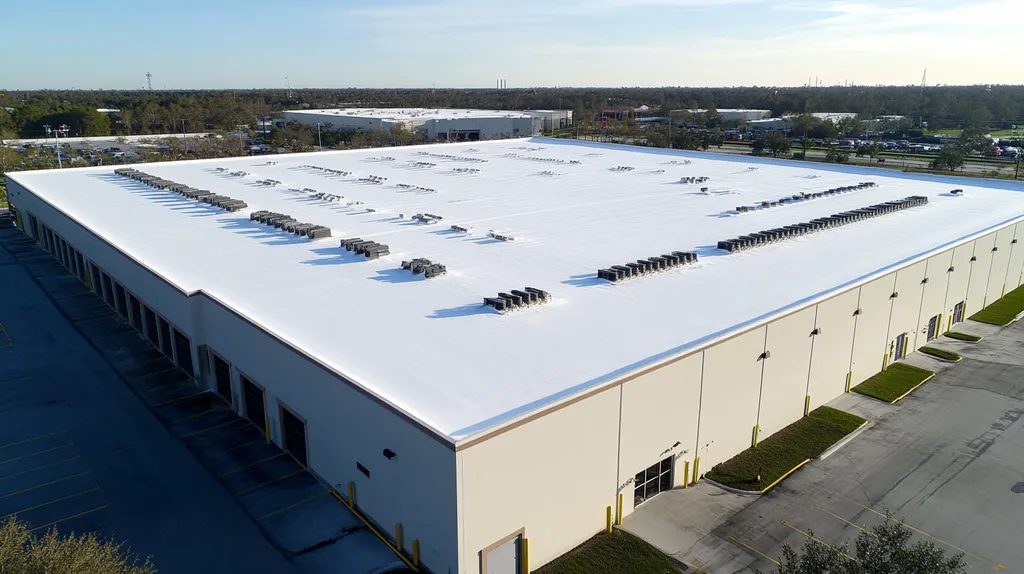 A commercial roof on a warehouse in a location similar to Orlando with a snowy day aesthetic (AI image)