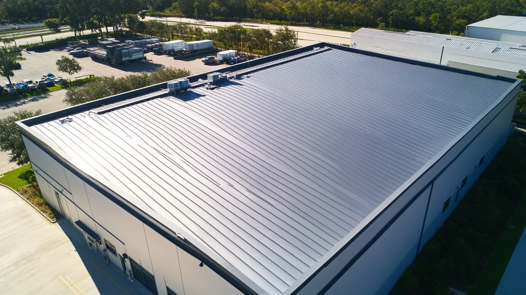 A commercial roof on a warehouse in a location similar to Orlando with a stainless steel aesthetic (AI image)