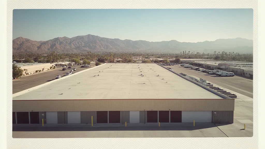 A commercial roof on a warehouse in a location similar to Palm Springs with a Polaroid aesthetic (AI image)