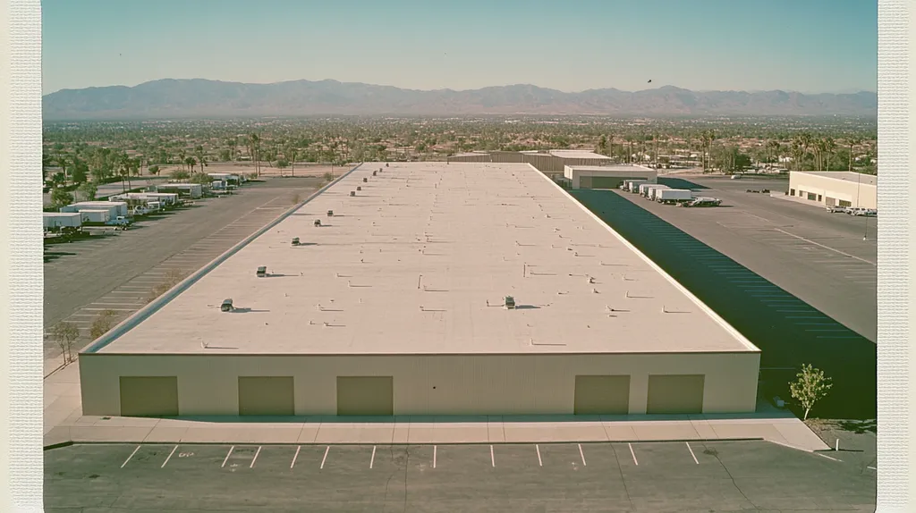 A commercial roof on a warehouse in a location similar to Palm Springs with a Polaroid aesthetic (AI image)