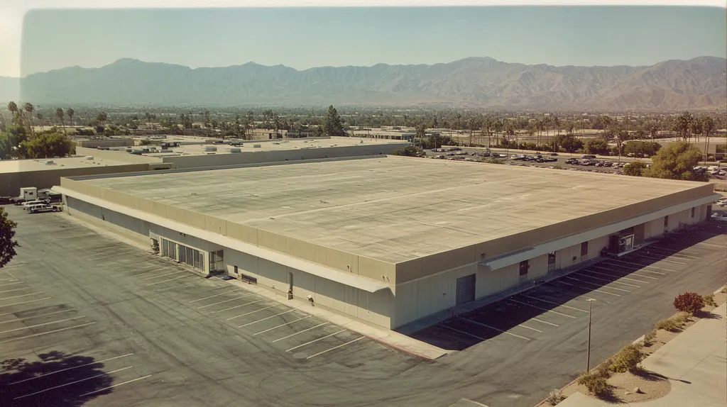 A commercial roof on a warehouse in a location similar to Palm Springs with a Polaroid aesthetic (AI image)