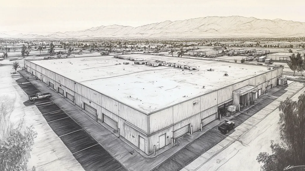 A commercial roof on a warehouse in a location similar to Palm Springs with a charcoal sketch aesthetic (AI image)