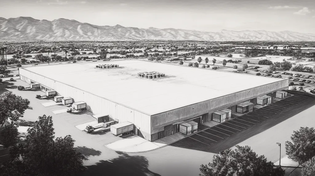 A commercial roof on a warehouse in a location similar to Palm Springs with a charcoal sketch aesthetic (AI image)