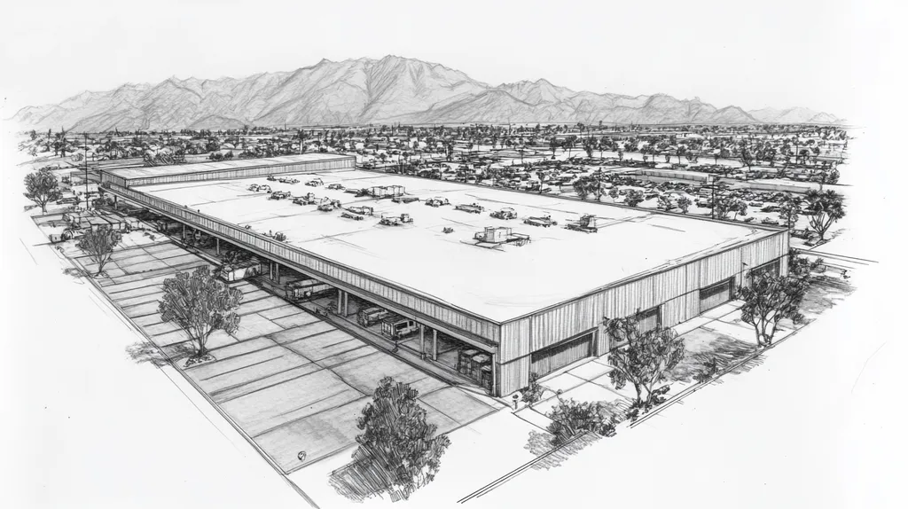 A commercial roof on a warehouse in a location similar to Palm Springs with a charcoal sketch aesthetic (AI image)