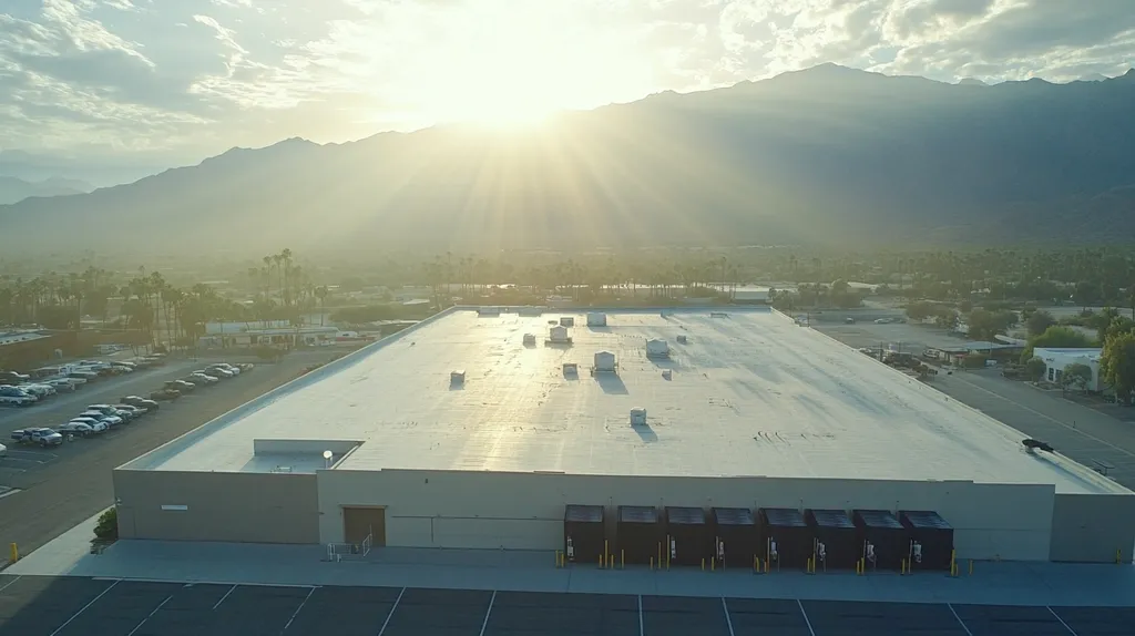 A commercial roof on a warehouse in a location similar to Palm Springs with a light beams aesthetic (AI image)