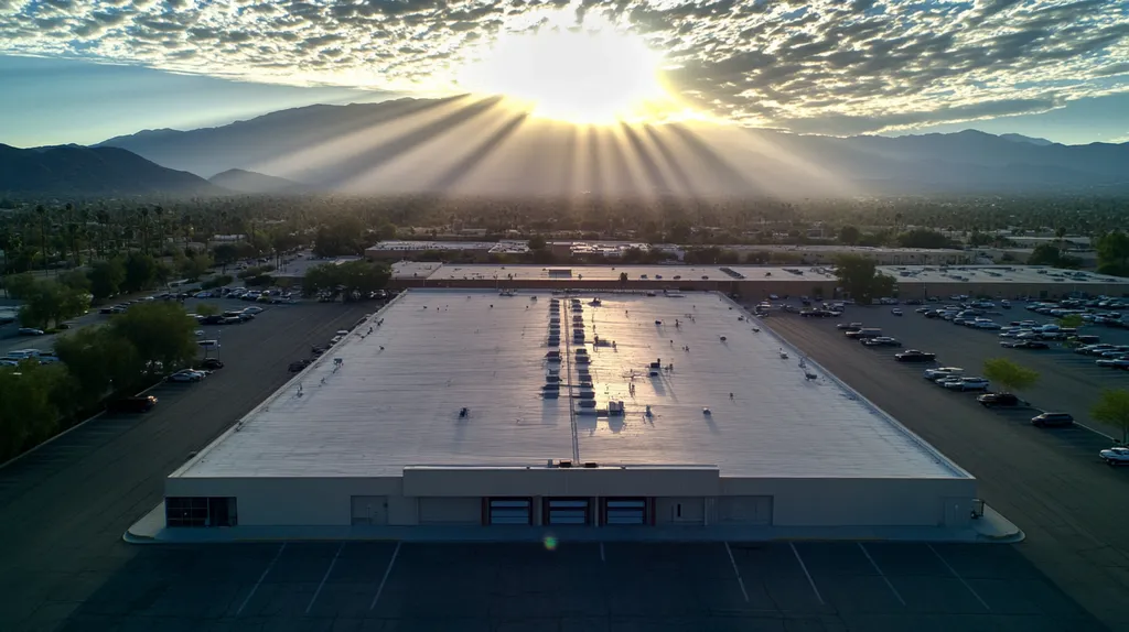 A commercial roof on a warehouse in a location similar to Palm Springs with a light beams aesthetic (AI image)