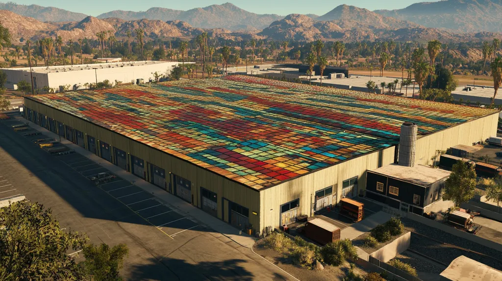 A commercial roof on a warehouse in a location similar to Palm Springs with a stained glass style aesthetic (AI image)