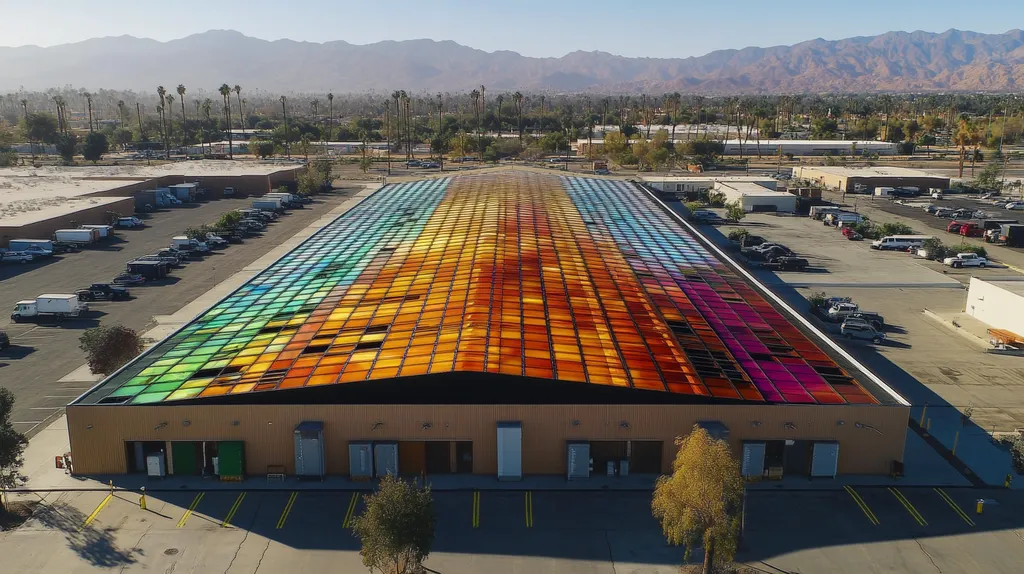 A commercial roof on a warehouse in a location similar to Palm Springs with a stained glass style aesthetic (AI image)