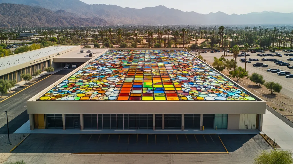 A commercial roof on a warehouse in a location similar to Palm Springs with a stained glass style aesthetic (AI image)