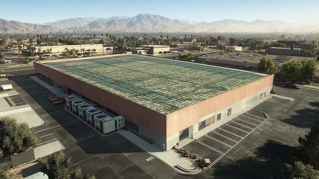 A commercial roof on a warehouse in a location similar to Palm Springs with a stained glass style aesthetic (AI image)