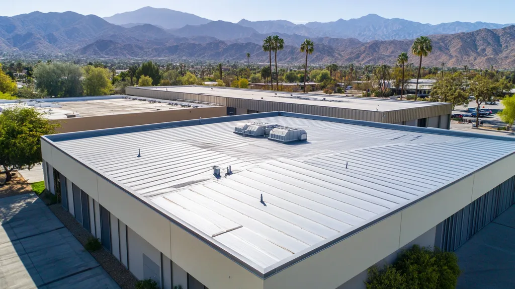 A commercial roof on a warehouse in a location similar to Palm Springs with a stainless steel aesthetic (AI image)