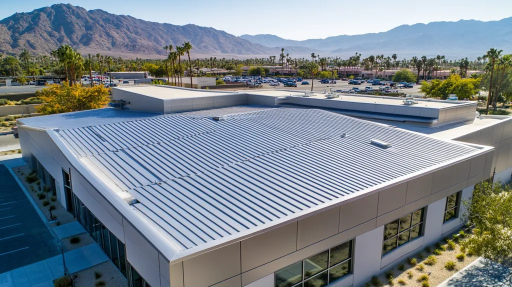 A commercial roof on a warehouse in a location similar to Palm Springs with a stainless steel aesthetic (AI image)