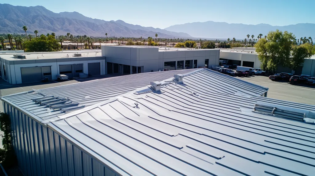 A commercial roof on a warehouse in a location similar to Palm Springs with a stainless steel aesthetic (AI image)
