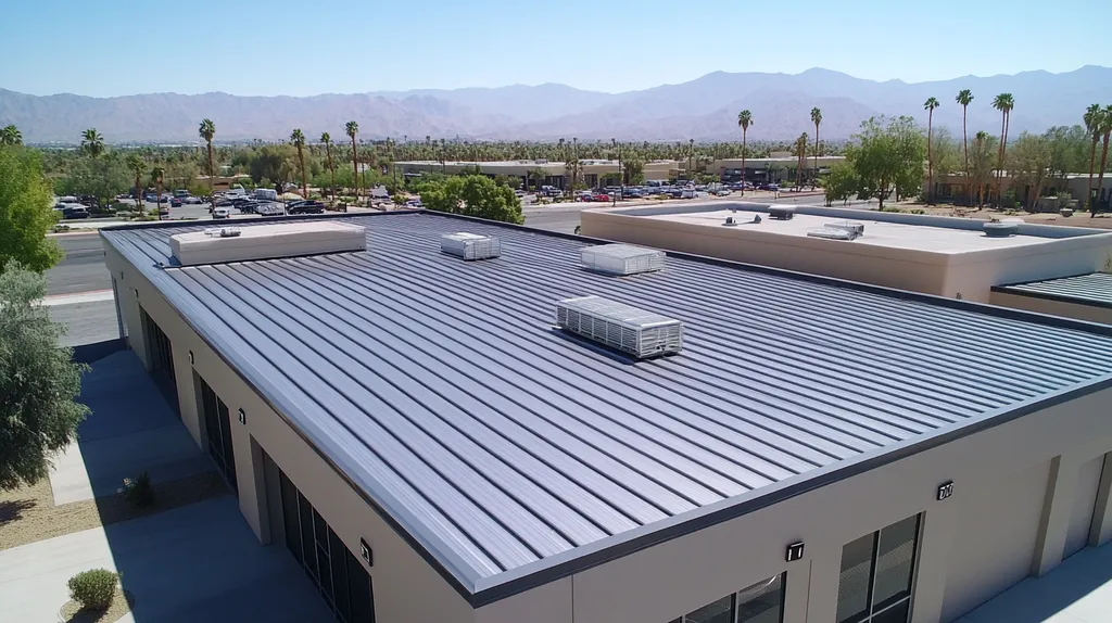 A commercial roof on a warehouse in a location similar to Palm Springs with a stainless steel aesthetic (AI image)