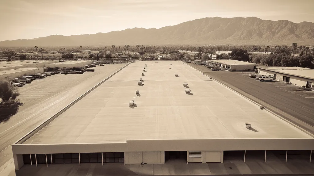 A commercial roof on a warehouse in a location similar to Palm Springs with a tintype aesthetic (AI image)