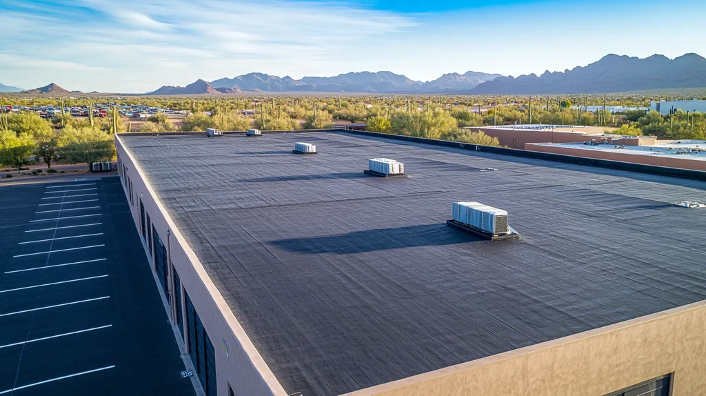 A commercial roof on a warehouse in a location similar to Phoenix with an architectural photography aesthetic (AI image)