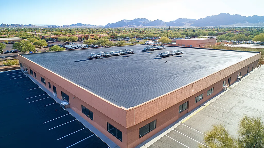 A commercial roof on a warehouse in a location similar to Phoenix with an architectural photography aesthetic (AI image)