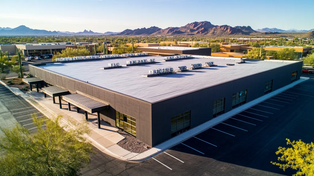 A commercial roof on a warehouse in a location similar to Phoenix with an architectural photography aesthetic (AI image)