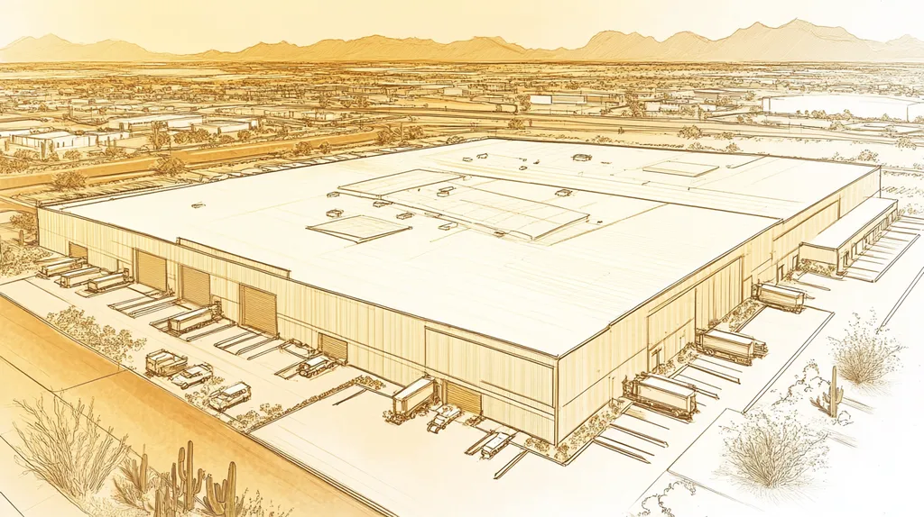 A commercial roof on a warehouse in a location similar to Phoenix with an architectural sketch rendering aesthetic (AI image)