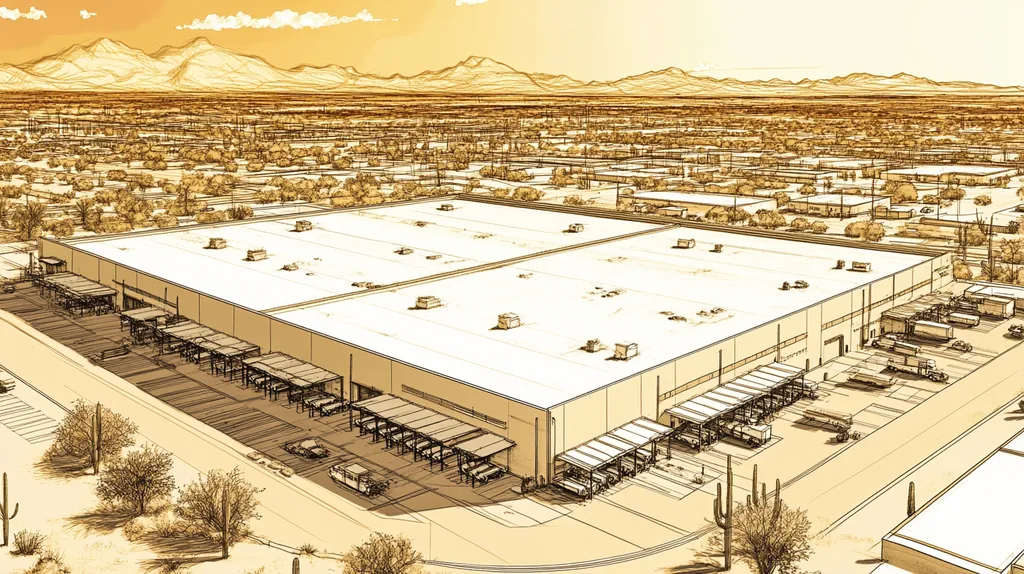 A commercial roof on a warehouse in a location similar to Phoenix with an architectural sketch rendering aesthetic (AI image)