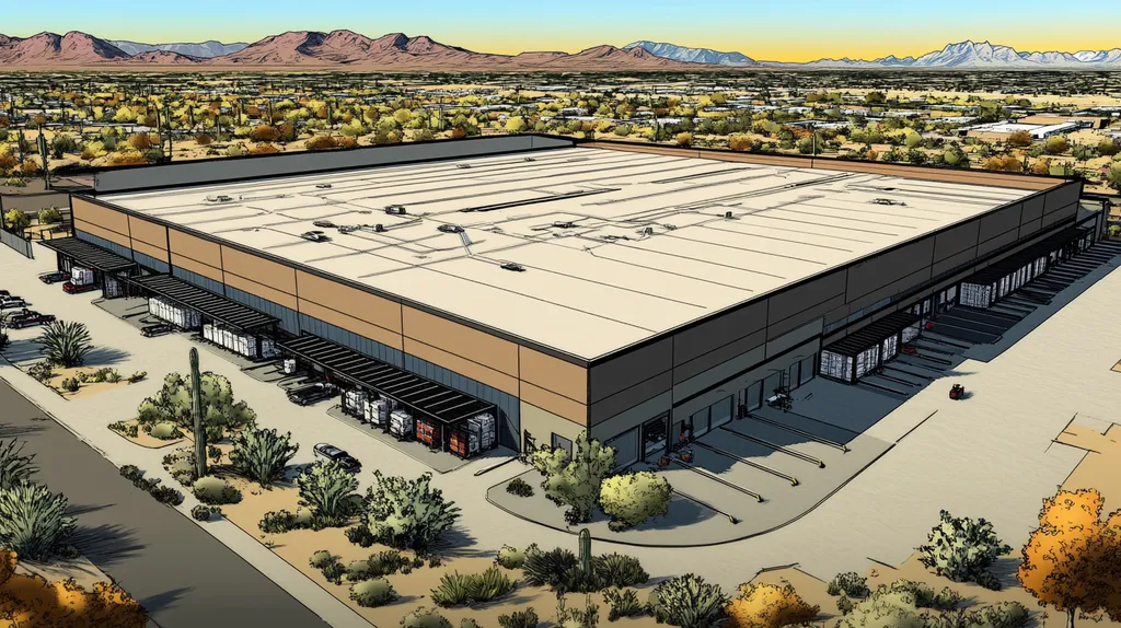 A commercial roof on a warehouse in a location similar to Phoenix with a comic book style aesthetic (AI image)